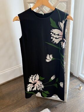 Veronica Beard Cromwell Black Shift Dress with Pink and Green Floral Print